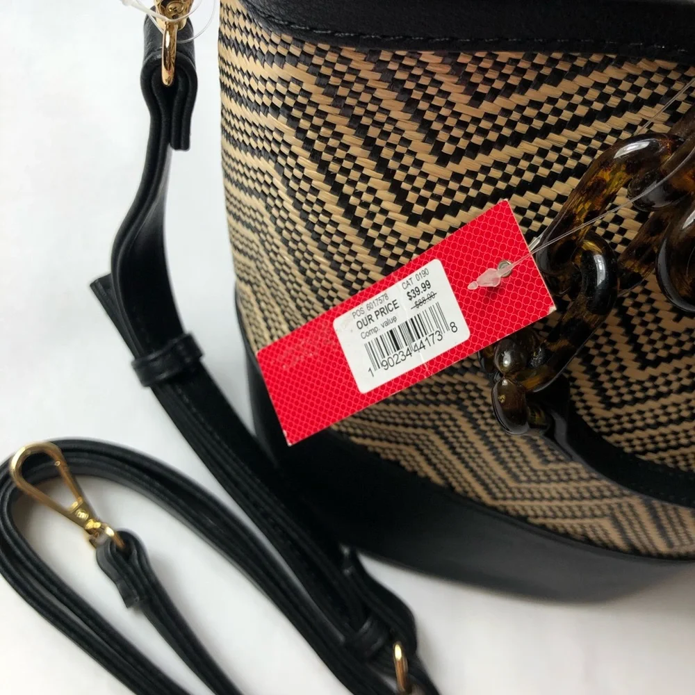 Kelly & Katie Black and Tan Woven Satchel with Tortoiseshell Chain